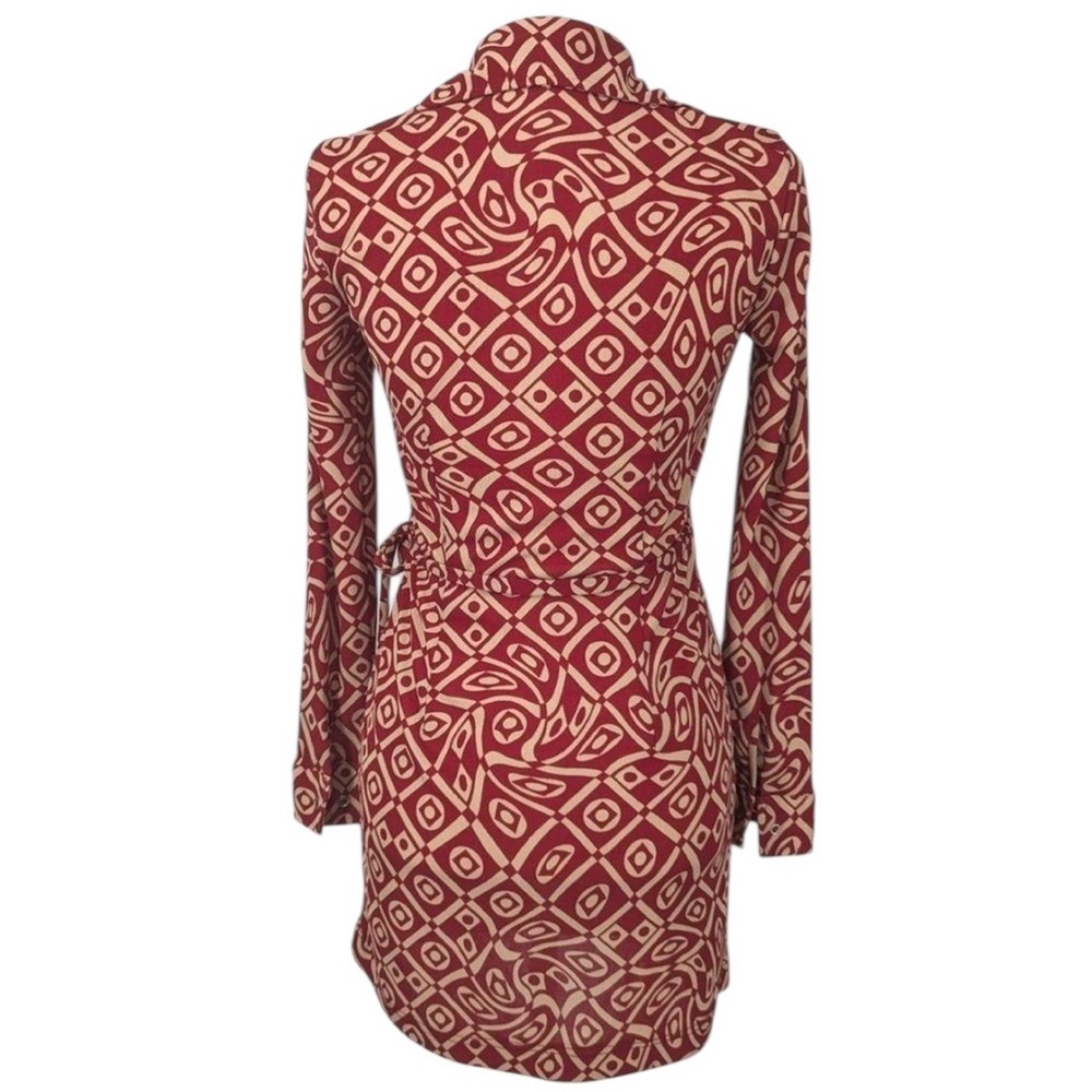 Johnny Was red and tan geometric print long sleeve wrap dress vintage 70s boho - Picture 2 of 15